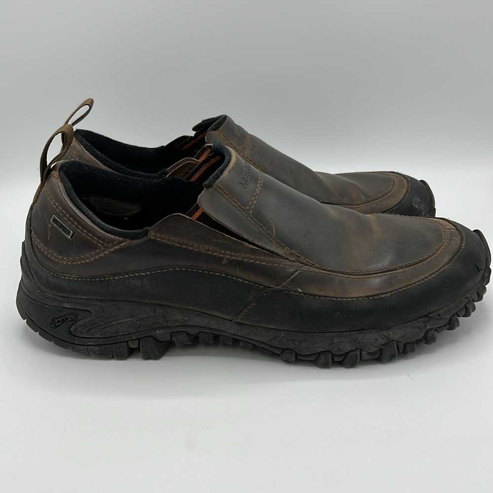 MERRELL SIZE 12 DARK EARTH BROWN SLIP ON LEATHER MOC J39577 - Picture 8 of 13